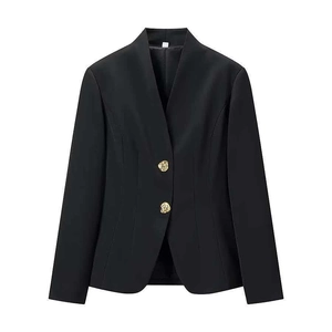 Detail of black slim-fit blazer featuring gold vintage buttons and elegant collarless V-neck
