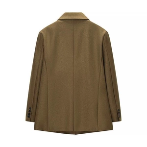 Classic long-sleeved solid color suit blazer in dark brown showing the back view