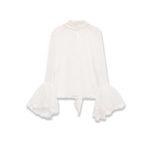 Chemisier Élégant en Dentelle Blanche pour Femme Manche Évasée Col Montant Floral Ajouré Haut Plissé Mode Chemise de Banlieue