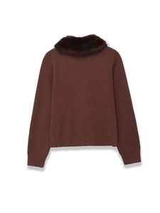 Close-up of brown knit cardigan featuring a plush faux fur collar and ribbed cuffs
