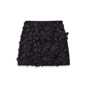 Mini-Jupe en Tricot Noir Pour Femme Avec Appliques de Fleurs en Satin 3D Rétro Taille Haute Jupe Courte Élégante
