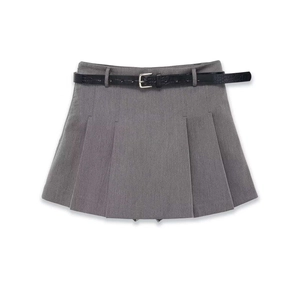 Women High Waist Pleated Short Skirt With Black Belt Gray Solid Color A-Line Mini Skirt Office Lady Fashion Bottoms