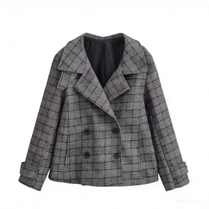 Women's Vintage Grey Plaid Double Breasted Blazer Jacket Casual Long Sleeve Office Short Coat With Smooth Lining Polyester