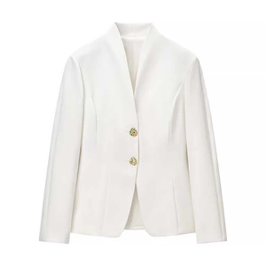 Macro shot of white slim-fit blazer with two decorative gold embossed metal buttons