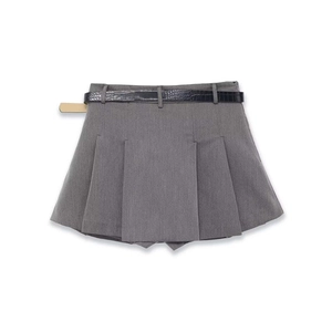 Chic dark gray pleated A-line mini skirt featuring a black faux crocodile leather belt