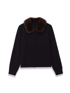Detail of black knit cardigan featuring a detachable brown faux fur collar and buttons