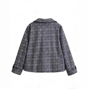 Classic grey plaid cropped blazer for women with vintage lapel and decorative sleeve buttons