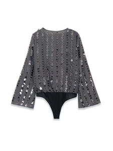 Rear view of a grey sequin bodysuit featuring long flared sleeves and a plunging neckline
