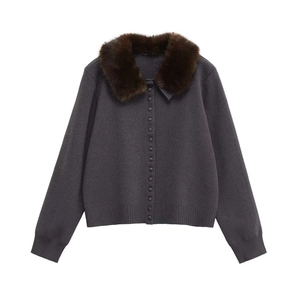 Elegant dark grey knit cardigan for women featuring a plush brown faux fur collar decoration