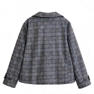 Classic vintage plaid tweed blazer jacket in grey and blue for women shown from the back