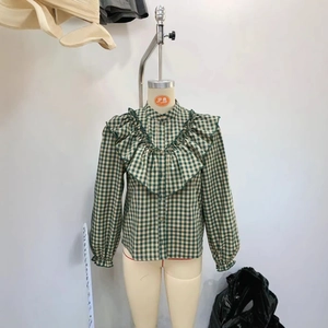 Green plaid long sleeve blouse with ruffled V-shape design and standing collar for women