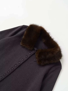Detail of vintage knit cardigan with faux fur collar and matching fabric-covered buttons