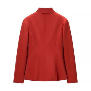 Rear view of slim fit red blazer featuring elegant back seam detailing and smooth fabric