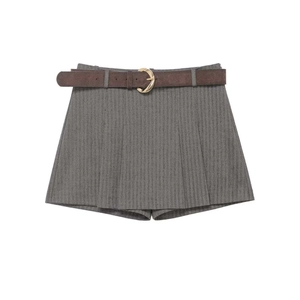 Women's Vintage Grey Herringbone High Waisted Pleated Skort With Brown Faux Suede Belt A-Line Fashion Shorts Skirt Office Wear