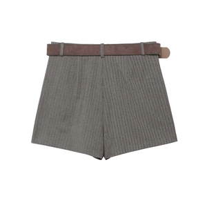 Women's grey herringbone wool-like shorts featuring a dark brown suede belt and A-line cut