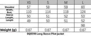 Detailed size guide for women's bomber jacket with shoulder and bust measurements