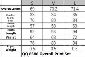 Size chart for slim-fit high-waist printed jumpsuit set showing S to L measurements