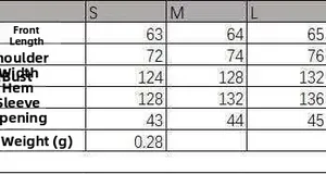 Size chart showing S, M, L measurements for striped V-neck wide sleeve shirt