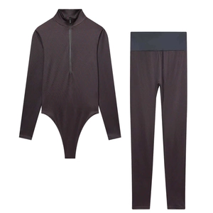 Women Bodysuit And Leggings High Waist Pants Long Sleeve Half Zip Slim Fit Bodycon Tracksuit Commuter Outfit