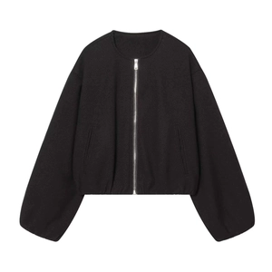 Women's minimalist black flight jacket with silver zipper and round neck casual style