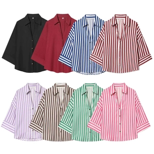 Women Summer Striped V Neck Blouse Loose Five Point Bat Sleeve Button Down Casual Vintage Elegant Commuter Shirt Top