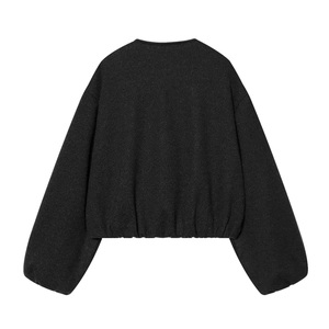 Detail view of the elastic hem and back design on this dark grey bomber jacket