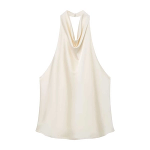 Haut licou élégant en satin ivoire avec col bénitier et design minimaliste sans manches