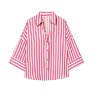 Vintage striped V-neck blouse for women with drop shoulder sleeves and button closure