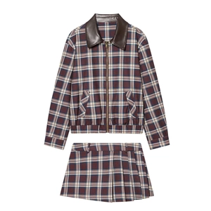 Veste Aviateur À Carreaux Et Jupe-Culotte Plissée Pour Femmes Col En Similicuir Fermeture Éclair Streetwear Chic