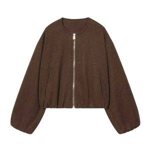 Women's minimalist dark brown round neck bomber jacket with silver front zipper