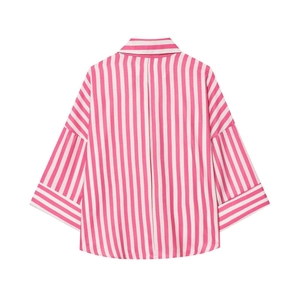 Rear view of striped pink and white cotton shirt with wide sleeves and loose fit