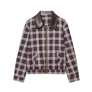 Veste à carreaux vintage avec col en cuir contrastant et fermeture éclair rétro