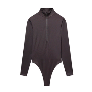 Slim fit dark brown long sleeve bodysuit with high neck and front half zipper closure