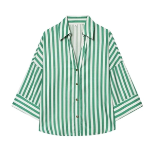 Relaxed fit green and white vertical striped shirt with V-neck and short wide sleeves