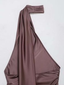Detail of satin halter top with brown-purple silk texture and invisible side zipper