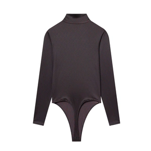 Slim fit dark brown long sleeve bodysuit with high neck and ribbed knit texture