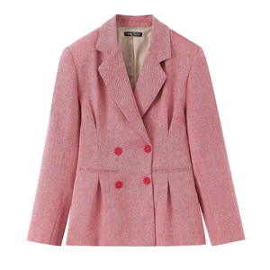 Blazer da Donna Tweed a Spina di Pesce Rosa Doppiopetto Slim Fit Rever a Dente Manica Lunga Casual Office Lady Outwear