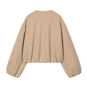 Back view of a camel soft-knit bomber jacket with puffed sleeves and ribbed hem