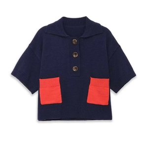 Women Casual Polyester Knit Top Navy Blue Polo Collar Contrast Red Pockets Short Sleeve Loose Basic Knitted Sweater Shirt