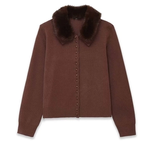Women's dark brown knit cardigan featuring a detachable faux fur collar and button closure
