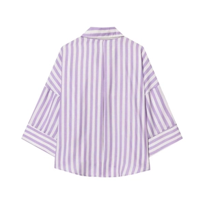 Detailed back view of a loose purple and white vertical striped shirt with pleats