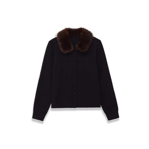 Black knit cardigan for women with a plush brown faux fur collar and button closure