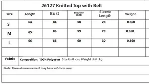 Detailed size chart for gray V-neck knit top showing S, M, L dimensions and 100% polyester fabric