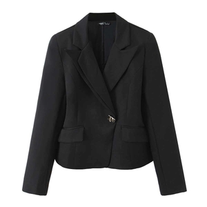 Women Elegant Slim Fit Notched Lapel Blazer Jacket Black Long Sleeve Short Suit Top With Back Hollow Metal Button Decor