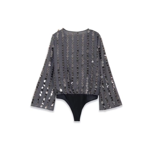 Grey long sleeve bodysuit with sparkling sequins and high-cut black bottom design