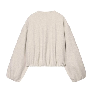 Detailed back view of a beige drop-shoulder bomber jacket with soft texture and elastic cuffs