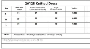 Detailed size chart for dark grey V-neck knit dress showing length and waist measurements
