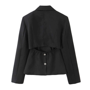 Women's black cropped blazer featuring unique back cutout and silver button accents