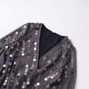Chic grey V-neck bodysuit with shimmering multi-color sequins and ribbed fabric texture