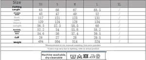 Size chart with measurements in cm for striped oversized blazer in sizes XS to XL